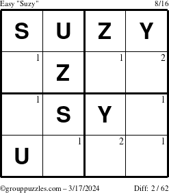 The grouppuzzles.com Easy Suzy puzzle for Sunday March 17, 2024 with the first 2 steps marked