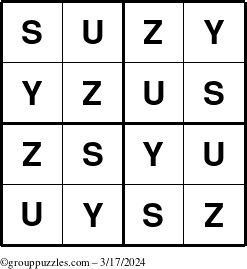 The grouppuzzles.com Answer grid for the Suzy puzzle for Sunday March 17, 2024