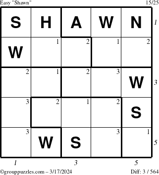 The grouppuzzles.com Easy Shawn puzzle for Sunday March 17, 2024 with all 3 steps marked
