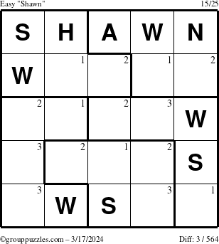 The grouppuzzles.com Easy Shawn puzzle for Sunday March 17, 2024 with the first 3 steps marked