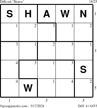 The grouppuzzles.com Difficult Shawn puzzle for Sunday March 17, 2024 with all 4 steps marked