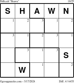 The grouppuzzles.com Difficult Shawn puzzle for Sunday March 17, 2024 with the first 3 steps marked