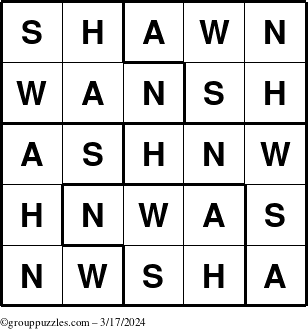 The grouppuzzles.com Answer grid for the Shawn puzzle for Sunday March 17, 2024