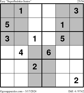 The grouppuzzles.com Easy SuperSudoku-Junior puzzle for Sunday March 17, 2024