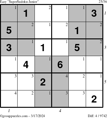 The grouppuzzles.com Easy SuperSudoku-Junior puzzle for Sunday March 17, 2024 with all 4 steps marked