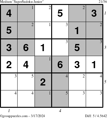 The grouppuzzles.com Medium SuperSudoku-Junior puzzle for Sunday March 17, 2024 with all 5 steps marked