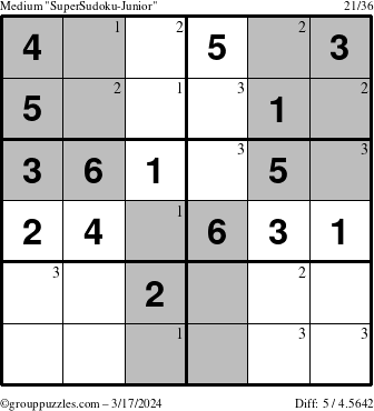 The grouppuzzles.com Medium SuperSudoku-Junior puzzle for Sunday March 17, 2024 with the first 3 steps marked