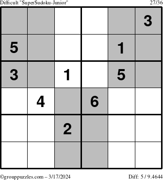 The grouppuzzles.com Difficult SuperSudoku-Junior puzzle for Sunday March 17, 2024