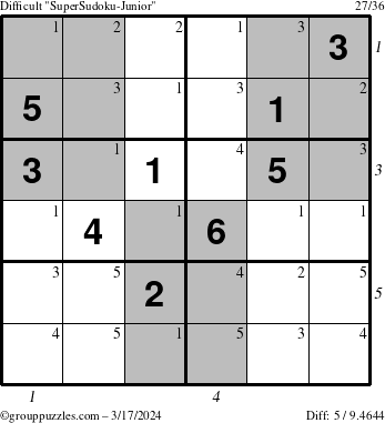 The grouppuzzles.com Difficult SuperSudoku-Junior puzzle for Sunday March 17, 2024 with all 5 steps marked