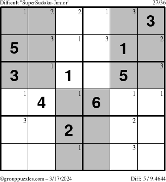 The grouppuzzles.com Difficult SuperSudoku-Junior puzzle for Sunday March 17, 2024 with the first 3 steps marked