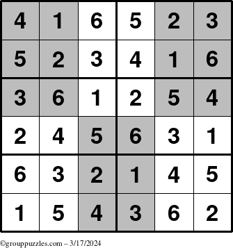 The grouppuzzles.com Answer grid for the SuperSudoku-Junior puzzle for Sunday March 17, 2024