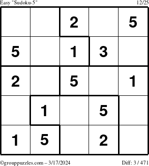 The grouppuzzles.com Easy Sudoku-5 puzzle for Sunday March 17, 2024