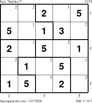 The grouppuzzles.com Easy Sudoku-5 puzzle for Sunday March 17, 2024 with all 3 steps marked