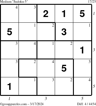 The grouppuzzles.com Medium Sudoku-5 puzzle for Sunday March 17, 2024 with all 4 steps marked