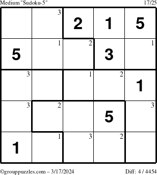 The grouppuzzles.com Medium Sudoku-5 puzzle for Sunday March 17, 2024 with the first 3 steps marked