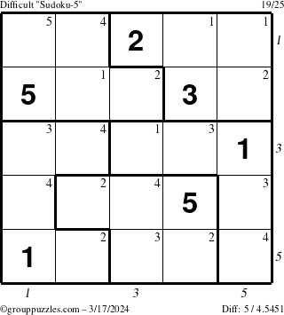 The grouppuzzles.com Difficult Sudoku-5 puzzle for Sunday March 17, 2024 with all 5 steps marked