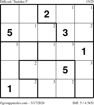 The grouppuzzles.com Difficult Sudoku-5 puzzle for Sunday March 17, 2024 with the first 3 steps marked