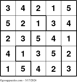 The grouppuzzles.com Answer grid for the Sudoku-5 puzzle for Sunday March 17, 2024