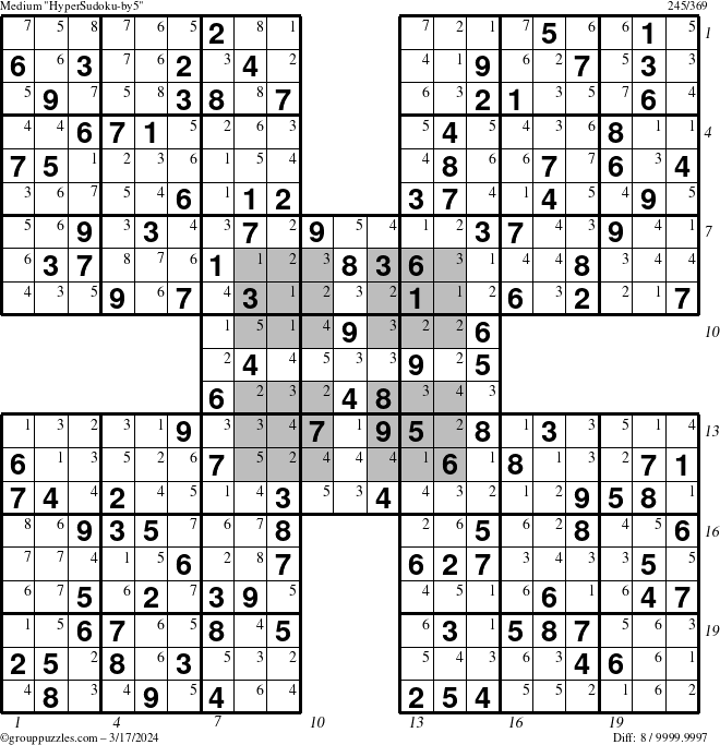 The grouppuzzles.com Medium HyperSudoku-by5 puzzle for Sunday March 17, 2024 with all 8 steps marked
