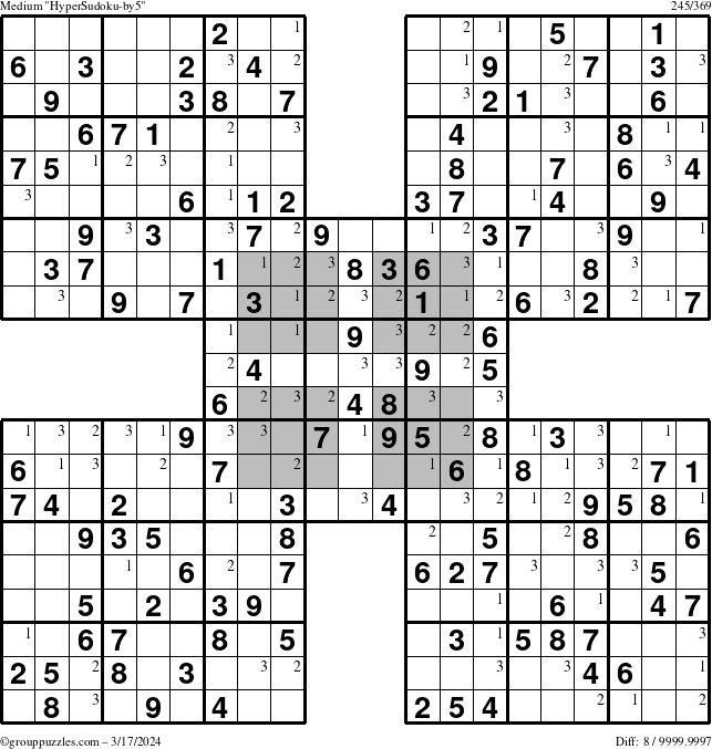 The grouppuzzles.com Medium HyperSudoku-by5 puzzle for Sunday March 17, 2024 with the first 3 steps marked