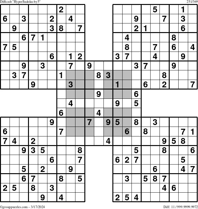 The grouppuzzles.com Difficult HyperSudoku-by5 puzzle for Sunday March 17, 2024