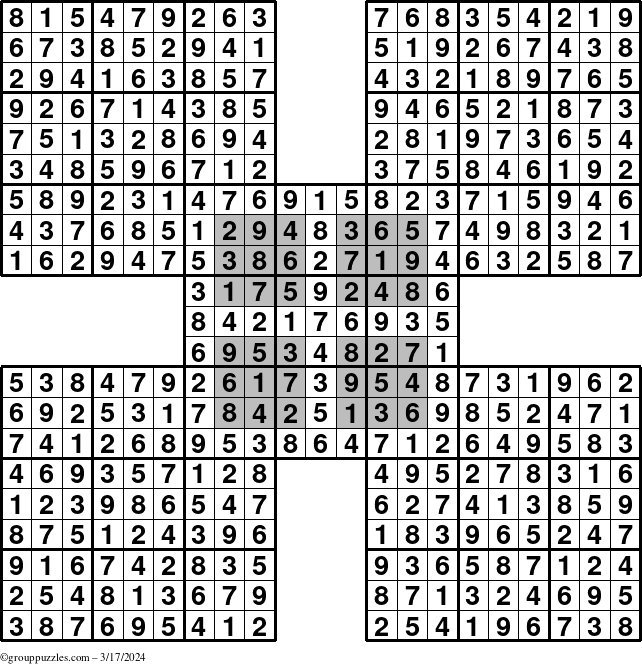The grouppuzzles.com Answer grid for the HyperSudoku-by5 puzzle for Sunday March 17, 2024