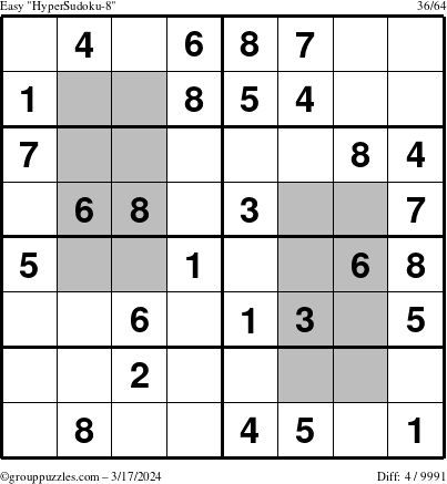 The grouppuzzles.com Easy HyperSudoku-8 puzzle for Sunday March 17, 2024