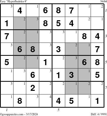 The grouppuzzles.com Easy HyperSudoku-8 puzzle for Sunday March 17, 2024 with all 4 steps marked