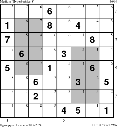 The grouppuzzles.com Medium HyperSudoku-8 puzzle for Sunday March 17, 2024 with all 8 steps marked