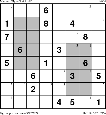 The grouppuzzles.com Medium HyperSudoku-8 puzzle for Sunday March 17, 2024 with the first 3 steps marked