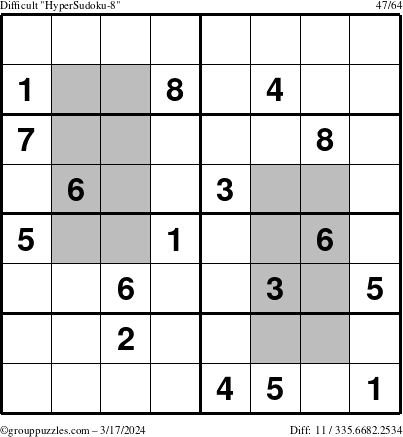 The grouppuzzles.com Difficult HyperSudoku-8 puzzle for Sunday March 17, 2024