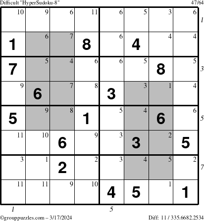 The grouppuzzles.com Difficult HyperSudoku-8 puzzle for Sunday March 17, 2024 with all 11 steps marked