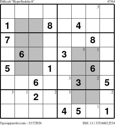 The grouppuzzles.com Difficult HyperSudoku-8 puzzle for Sunday March 17, 2024 with the first 3 steps marked