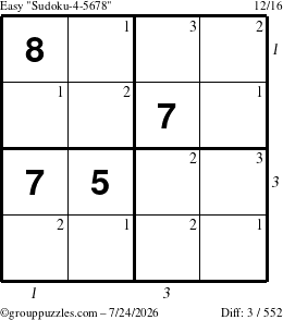 The grouppuzzles.com Easy Sudoku-4-5678 puzzle for Friday July 24, 2026, suitable for printing, with all 3 steps marked