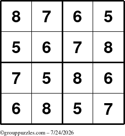 The grouppuzzles.com Answer grid for the Sudoku-4-5678 puzzle for Friday July 24, 2026