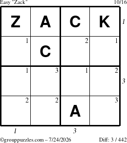 The grouppuzzles.com Easy Zack puzzle for Friday July 24, 2026, suitable for printing, with all 3 steps marked