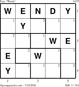 The grouppuzzles.com Easy Wendy puzzle for Friday July 24, 2026, suitable for printing, with all 3 steps marked