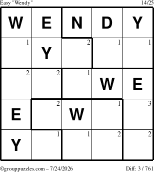 The grouppuzzles.com Easy Wendy puzzle for Friday July 24, 2026 with the first 3 steps marked