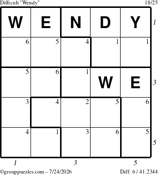 The grouppuzzles.com Difficult Wendy puzzle for Friday July 24, 2026, suitable for printing, with all 6 steps marked