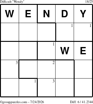 The grouppuzzles.com Difficult Wendy puzzle for Friday July 24, 2026 with the first 3 steps marked