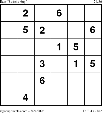 The grouppuzzles.com Easy Sudoku-6up puzzle for Friday July 24, 2026