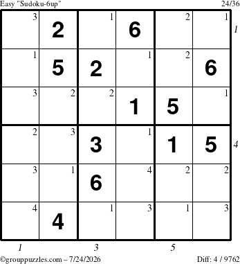 The grouppuzzles.com Easy Sudoku-6up puzzle for Friday July 24, 2026, suitable for printing, with all 4 steps marked