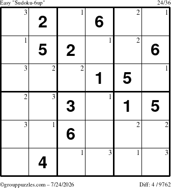 The grouppuzzles.com Easy Sudoku-6up puzzle for Friday July 24, 2026 with the first 3 steps marked