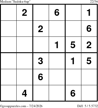 The grouppuzzles.com Medium Sudoku-6up puzzle for Friday July 24, 2026