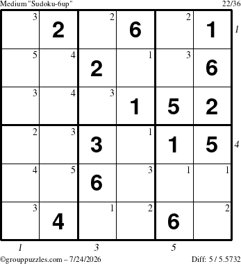 The grouppuzzles.com Medium Sudoku-6up puzzle for Friday July 24, 2026 with all 5 steps marked