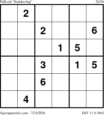 The grouppuzzles.com Difficult Sudoku-6up puzzle for Friday July 24, 2026