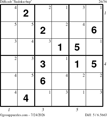 The grouppuzzles.com Difficult Sudoku-6up puzzle for Friday July 24, 2026 with all 5 steps marked