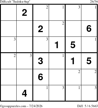 The grouppuzzles.com Difficult Sudoku-6up puzzle for Friday July 24, 2026 with the first 3 steps marked