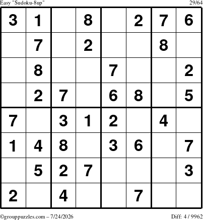 The grouppuzzles.com Easy Sudoku-8up puzzle for Friday July 24, 2026