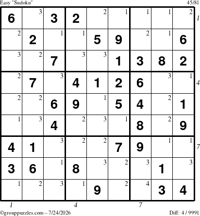 The grouppuzzles.com Easy Sudoku puzzle for Friday July 24, 2026 with all 4 steps marked